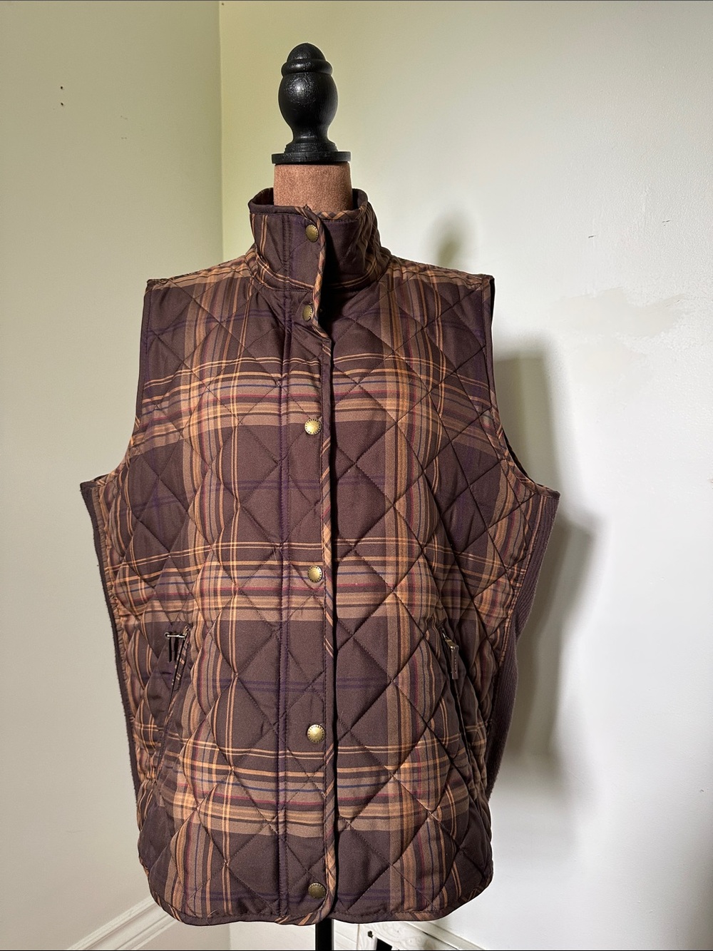 LAUREN RALPH LAUREN Brown Plaid Preppy Old Money Equestrian Full Zip Vest 2X